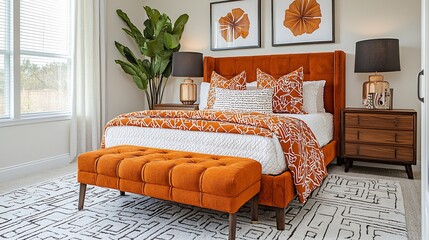 Modern bedroom with orange accents, large bed, bench, and artwork.