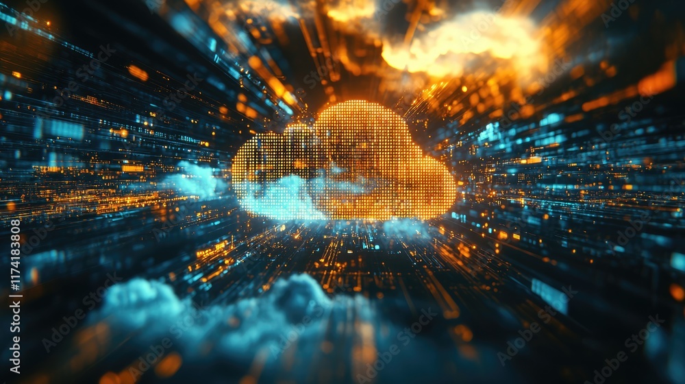 Poster digital informational technology web futuristic hologram with cloud icon, blue golden light digits a