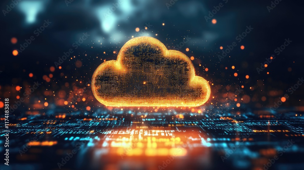 Poster digital informational technology web futuristic hologram with cloud icon, blue golden light digits a