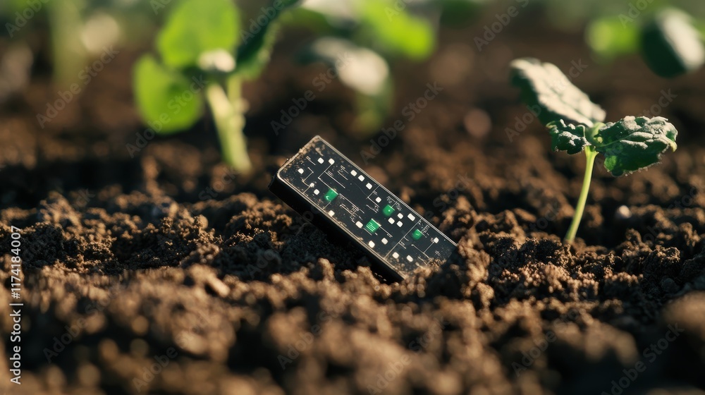 Poster electronic sensor device placed in fertile soil monitors plant growth and gathers data for precision