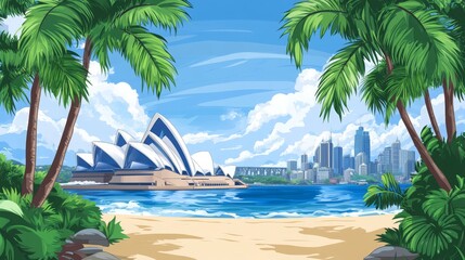 Naklejka premium Vibrant Tropical Landscape Featuring Modern Architecture and City Skyline Near Sandy Beach and Lush Green Palms Under a Bright Blue Sky with Fluffy Clouds