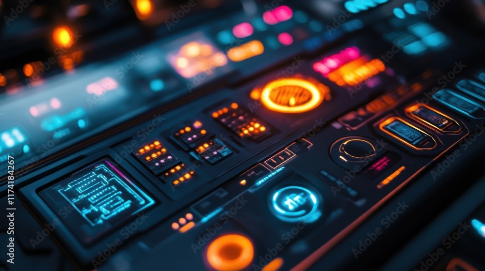 Poster complex data and information are being displayed on a futuristic control panel with glowing buttons,