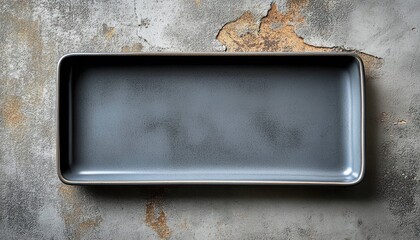 Minimalist gray rectangular plate on textured concrete surface with soft natural lighting