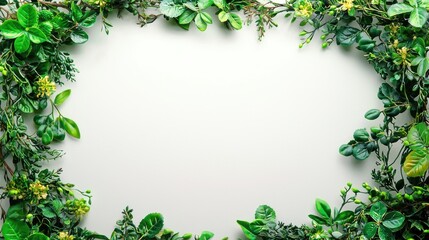 Naklejka premium A decorative frame of green leaves and plants surrounding a blank space for text or images.