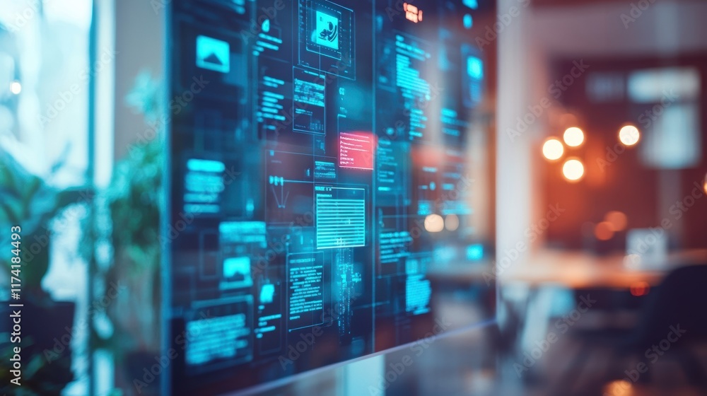 Poster transparent digital display showcasing complex data analysis and information processing in a modern 