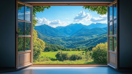 Mountain View Serenity from Open Window in Lush Green Landscape