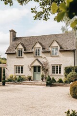 Charming countryside house with spacious garden and stone pathway surrounded by lush greenery in a tranquil rural setting