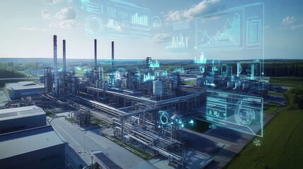 Aerial view of an industrial plant with digital holographic graphs and charts floating above it