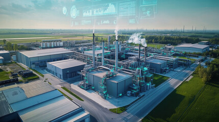 Aerial view of an industrial plant with digital holographic graphs and charts floating above it