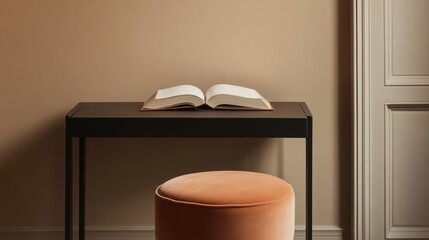 Open book on minimalist desk, calm room, interior design