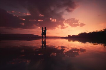 Dark silhouette of a couple at sunset