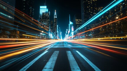 Nighttime Cityscape with Dynamic Light Trails and Skyscrapers Illuminated in Urban Environment Captured in New York City