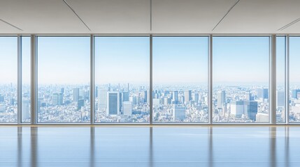 Modern Empty Office Space with Floor-to-Ceiling Windows Offering a Panoramic View of a City Skyline Under a Clear Blue Sky and Bright Natural Light