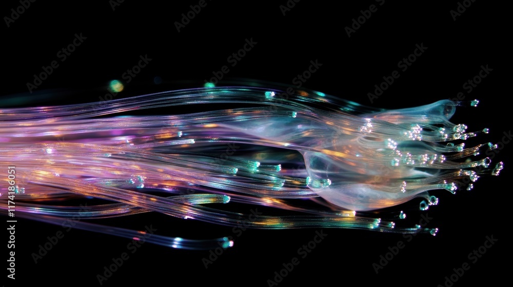 Poster fiber optic cables transmit data as pulses of light through thin strands of glass or plastic, creati