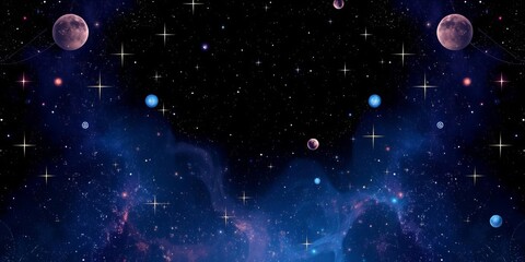 Seamless galaxy pattern with cosmic elements such as stars, planets, and nebulae, background, celestial