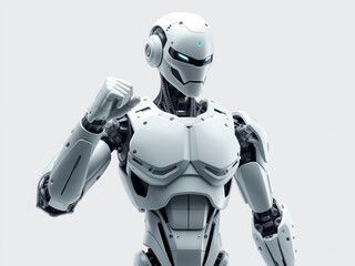 Robot android with a muscular build standing in a powerful pose, showcasing its strength and power, humanoid, cyborg