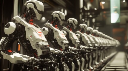 Fototapeta premium Many humanoid robots standing still in a row inside a dark factory, they're all identical and equipped with weapons, waiting to be deployed for some dangerous mission