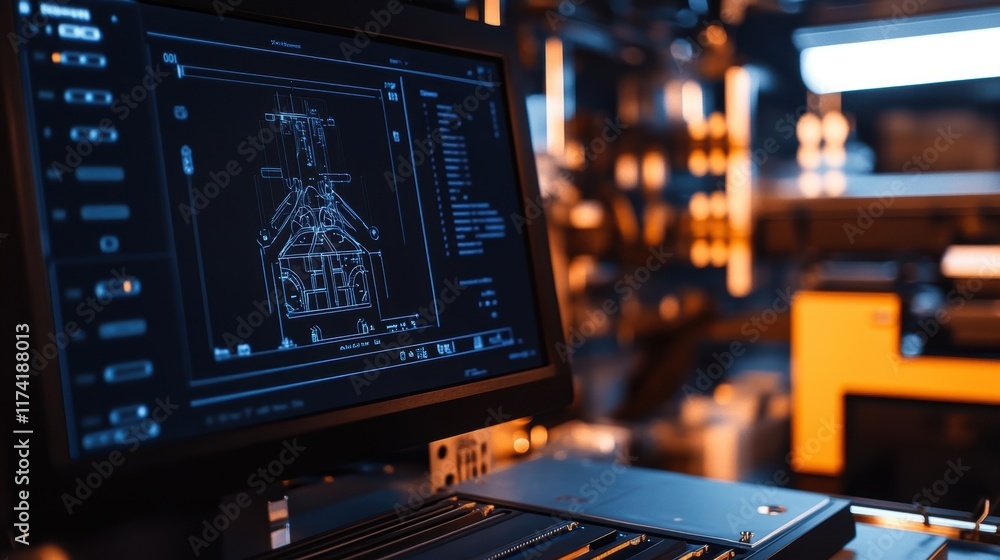 Poster computer displaying technical blueprint on screen in modern industrial factory, showcasing advanced 