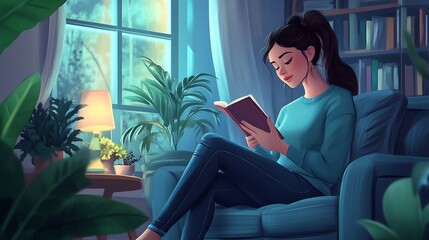 A young woman in a cozy living room, writing in a journal, reflecting on her dreams and aspirations for the future