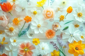 Vibrant spring floral arrangement featuring diverse blooming flowers on soft background