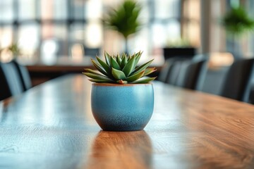 modern conference room with wooden table video conferencing plants natural light contemporary design