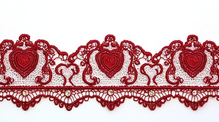 Decorative red lace trim featuring heart motifs, ideal for crafts and embellishments.