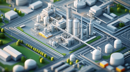 Isometric view of an industrial city with a chemical plant, 3D rendering