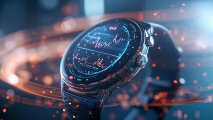 Captivating Smartwatch Display Showcasing Modern Technology and Data Visualization in a Stunning, Futuristic Setting with a Dynamic Background of Light and Color Variations.