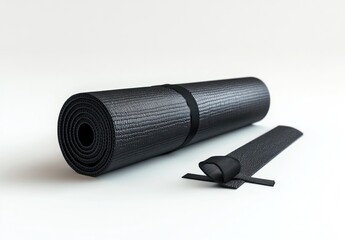 Minimalist Black Yoga Mat Rolled Up with Handle Strap Mockup Different Views