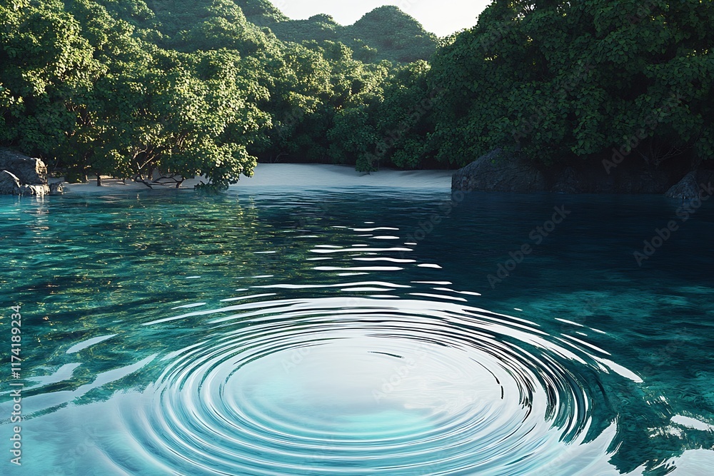 Aufkleber serene rippling water in tropical forest lagoon with lush greenery and sunlight reflection : generat