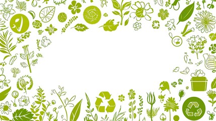 A decorative border featuring various green plants and nature symbols promoting environmental themes.