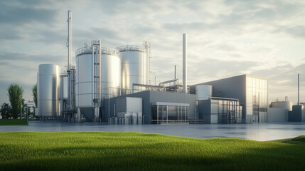 Modern milk processing plant exterior, a 3D rendering of an industrial facility with large tanks and white walls