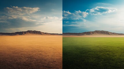 Side-by-Side Landscape Comparison Desert to Lush Green Under Vibrant Blue Sky : Generative AI