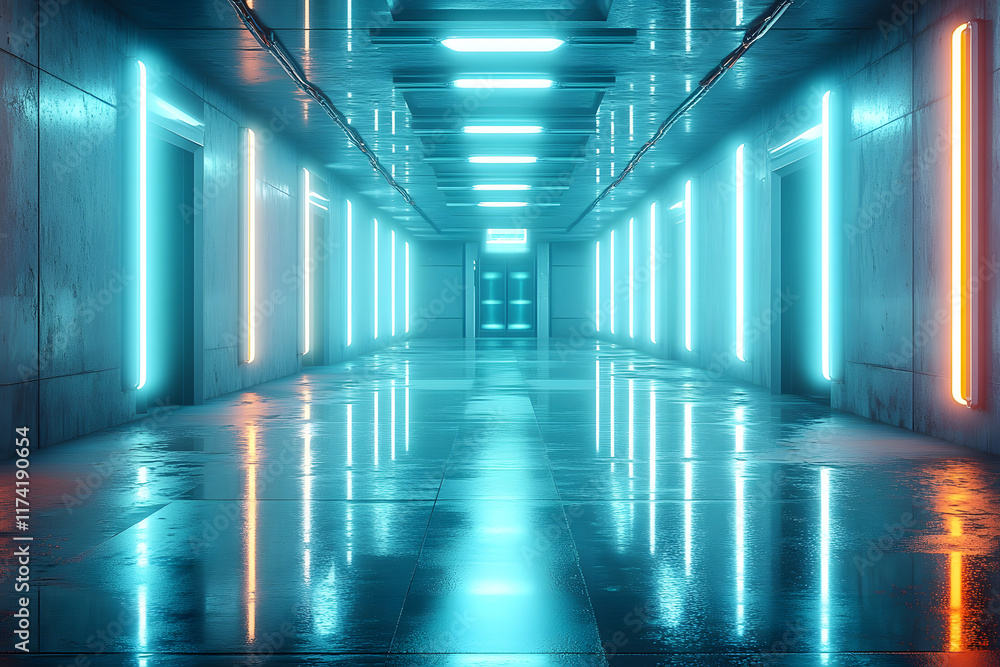 Poster a 3d rendering of a futuristic, sci-fi room with white neon tube lights glowing on a concrete floor,