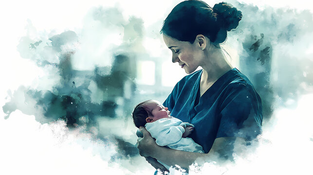 A midwife tenderly holding newborn baby at the hospital. Mistweave. Illustration