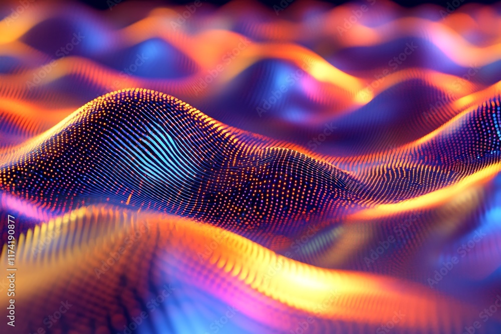 Leinwandbilder Vibrant colorful 3D abstract wavy surface with glowing digital dots in a futuristic landscape : Generative AI