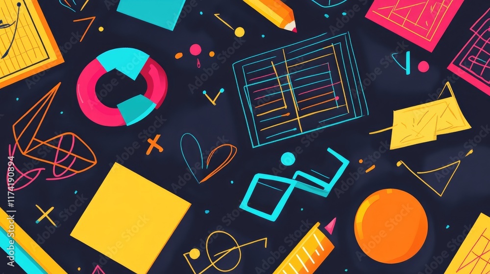 Poster dynamic back to school background with a burst of colorful geometric shapes and symbols representing