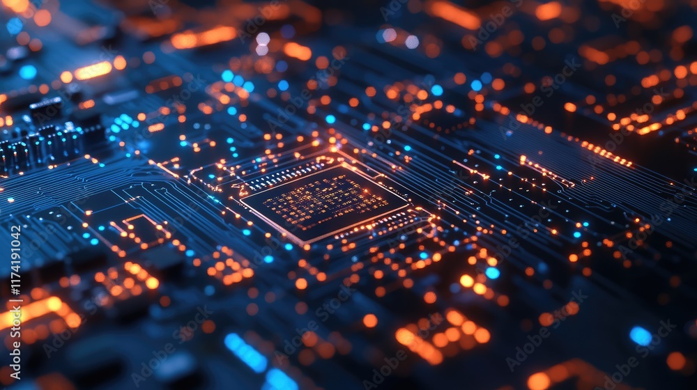 Poster dynamic blue circuit board closeup: visualizing cyber security and data flow