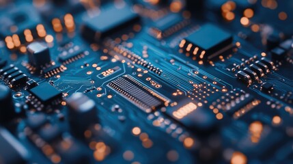 Dynamic blue circuit board closeup: Visualizing cyber security and data flow