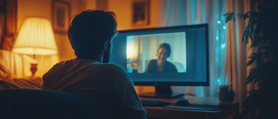 Obraz premium Person video chatting on computer at night.