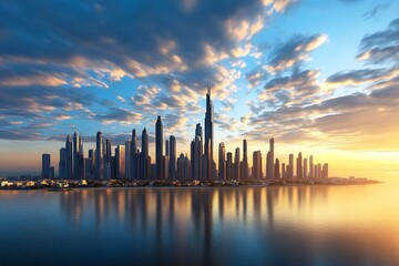 Fototapeta premium Sunset Over Modern Urban Skyline Reflected on Water with Dramatic Clouds : Generative AI