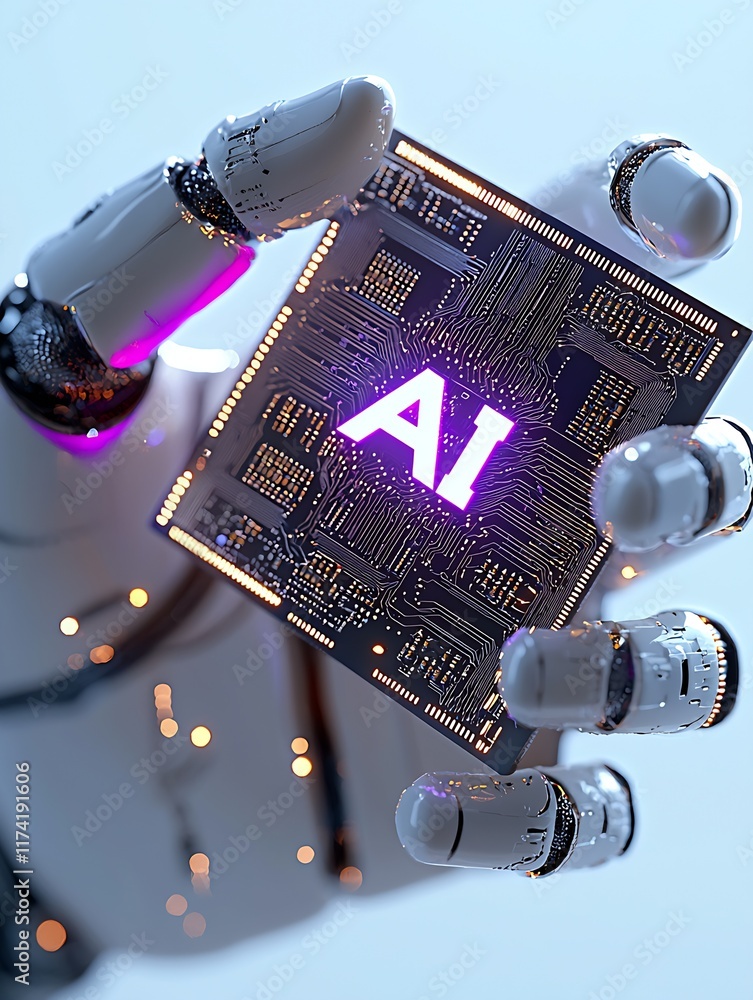 Fototapete Robotic Hand Holding AI Processor Chip Technological Innovation Concept : Generative AI