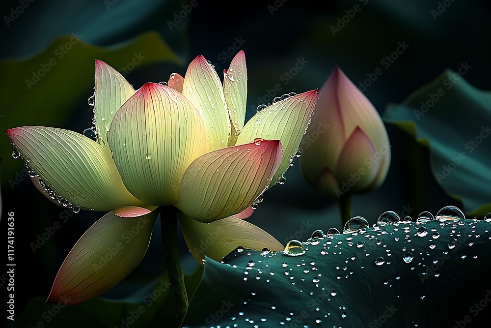 Poster beautiful lotus flower with dewdrops on petals and leaves in serene dark green aquatic setting : gen