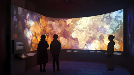 An interactive map display at a museum showing the global impact of midwives on maternal health on international day of the midwife. Mistweave. Illustration