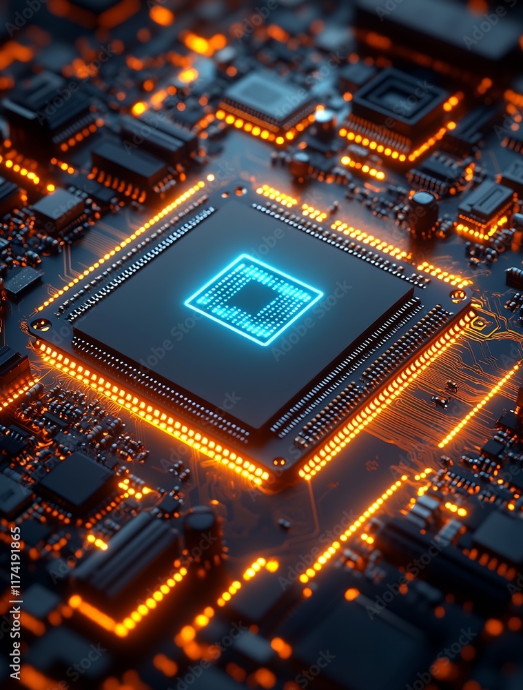 Poster Closeup of Advanced Microprocessor on Circuit Board with Glowing Neon Lights : Generative AI