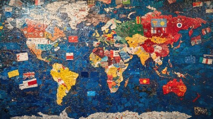 Dynamic mosaic of world flags merging into a global map, symbolizing unity and diversity