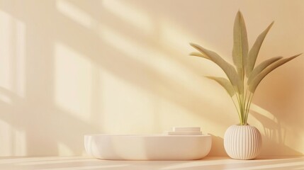 Minimalist Beige Product Display with Palm Plant, Copy Space