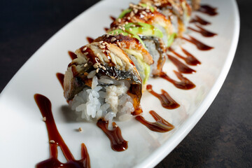 A closeup view of a dragon roll.