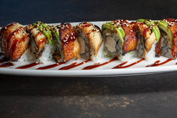 A view of a dragon roll.