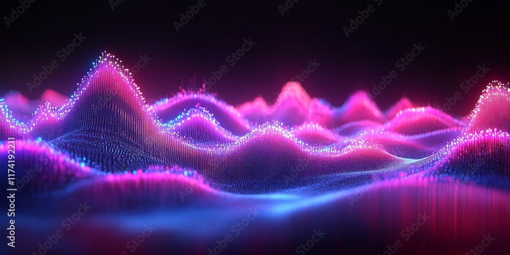Poster vibrant neon glow in abstract digital landscape with waves and particles : generative ai